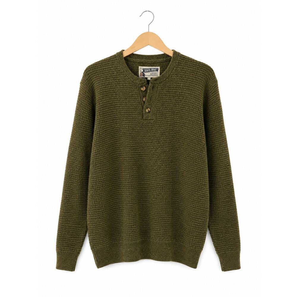 Schott Bros Men’s Olive Wool Blend Waffle Knit Henley Sweater Large NWT